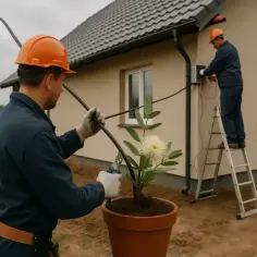 Pracownicy Tauron wykonują tauron przyłączenie prądu do działki. Jeden z nich na drabinie podłącza kable do skrzynki, drugi przygotowuje przewód.