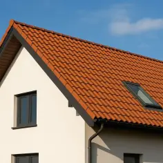 Nowy, czerwony dach dwuspadowy z dachówką ceramiczną i oknem połaciowym, lśni w słońcu na tle błękitnego nieba.