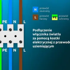 Schemat podłączenia łącznika dwubiegunowego z przewodem ochronnym (PE), neutralnym (N) i fazowym (L) do kostki elektrycznej.
