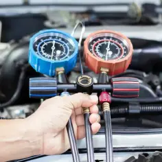 Mechanik sprawdza ciśnienie w układzie klimatyzacji w samochodzie za pomocą manometrów.