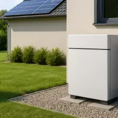 Nowoczesny magazyn energii do fotowoltaiki 10 kW stoi obok domu z panelami słonecznymi na dachu.
