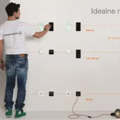 Mężczyzna pokazuje idealną wysokość włącznika światła: 150 cm dla informacji, 110-120 cm dla akcji, 30 cm dla zasilania.