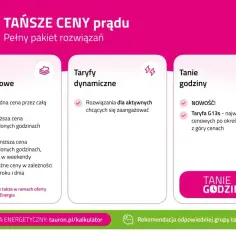 Tauron oferuje taryfy prądu: G11 (jedna cena), G12/G12w (niższa cena w wybranych godzinach) i G13s (tanie godziny).