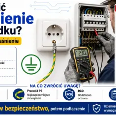 Instrukcja bezpiecznego uziemienia w gniazdku: wyłącz zasilanie, sprawdź przewód PE, zleć pomiary elektrykowi. Nie mostkuj bez wiedzy.