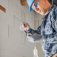 Elektryk w kasku i okularach montuje punkt elektryczny. Zastanawiasz się, ile za punkt elektryczny?
