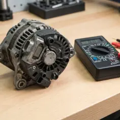 Alternator i multimetr na drewnianym stole. Przygotowanie do sprawdzenia regulatora napięcia.
