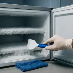 Ręka w rękawiczce usuwa szron z zamrażarki. Gruba warstwa lodu sugeruje, że jaka temperatura w zamrażarce utrzymywała się przez długi czas.