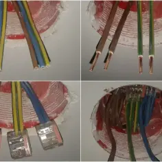 Instalacja elektryczna: jaki kabel do gniazdek? Widać przewody fazowe, neutralne i ochronne połączone złączkami w puszkach instalacyjnych.