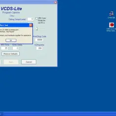 Błąd interfejsu w VCDS-Lite: "Interface: Not Found!". Program VCDS-Lite wyświetla komunikat o błędzie podczas testowania portu.