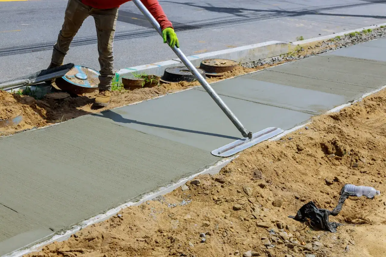 Robotnik wygładza świeży beton na chodniku, dbając o właściwe proporcje betonu.