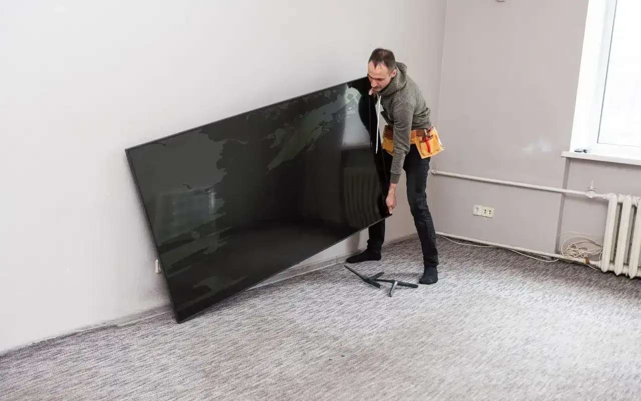 Mężczyzna z pasem narzędziowym przenosi duży, czarny telewizor. Zastanawia się, na jakiej wysokości telewizor będzie najlepiej wyglądał.