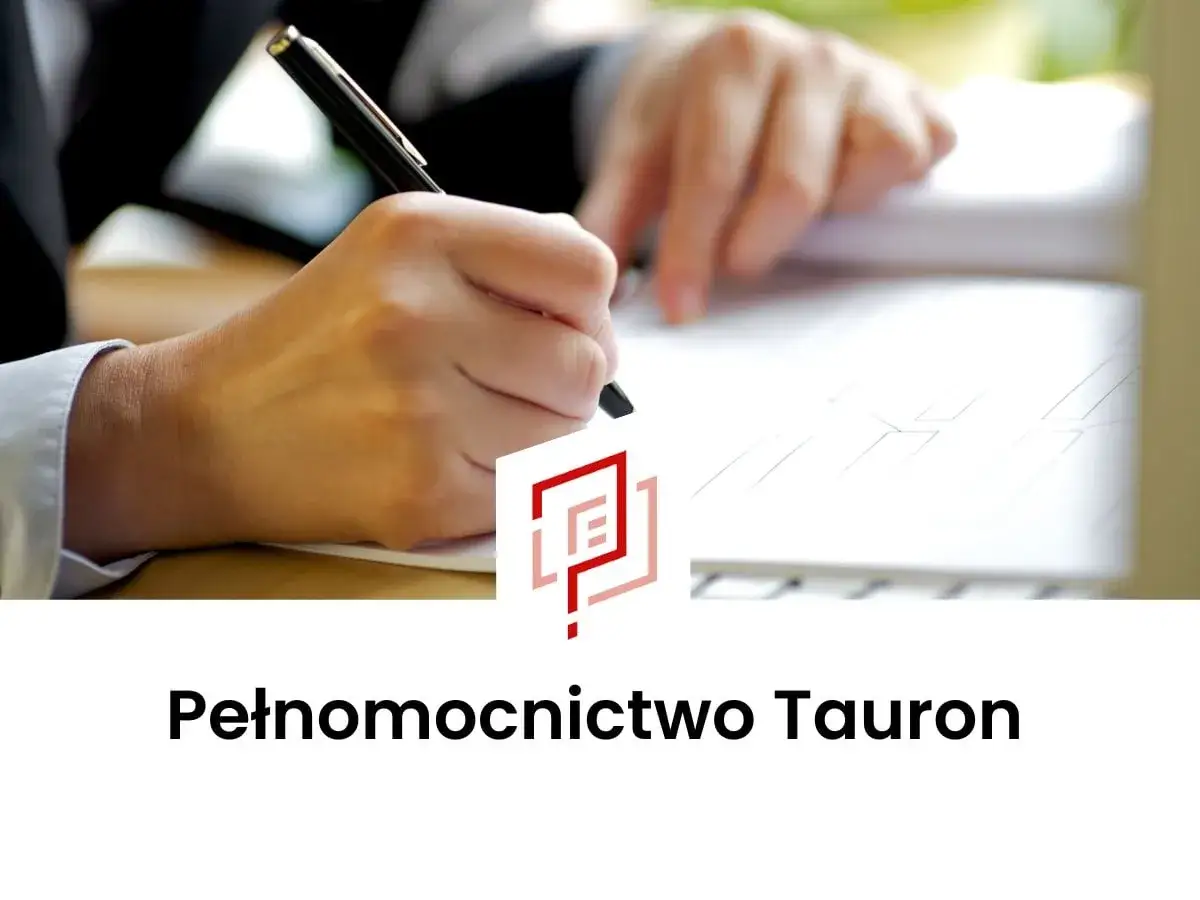 Dłoń pisze długopisem na dokumencie. Logo Tauron i napis 