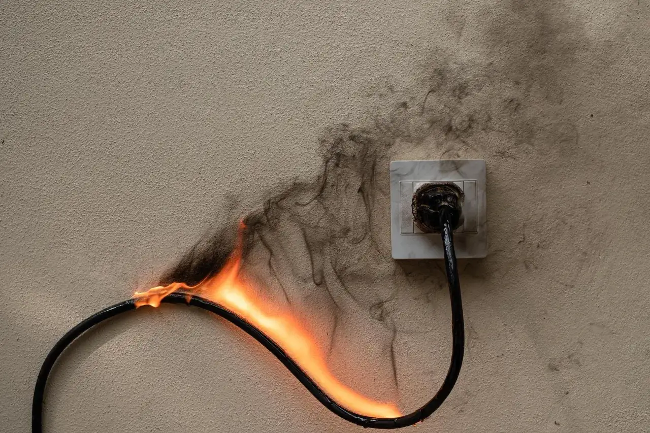 Płonący kabel podłączony do gniazdka, wydobywa się dym. Niebezpieczne napięcie w gniazdku.