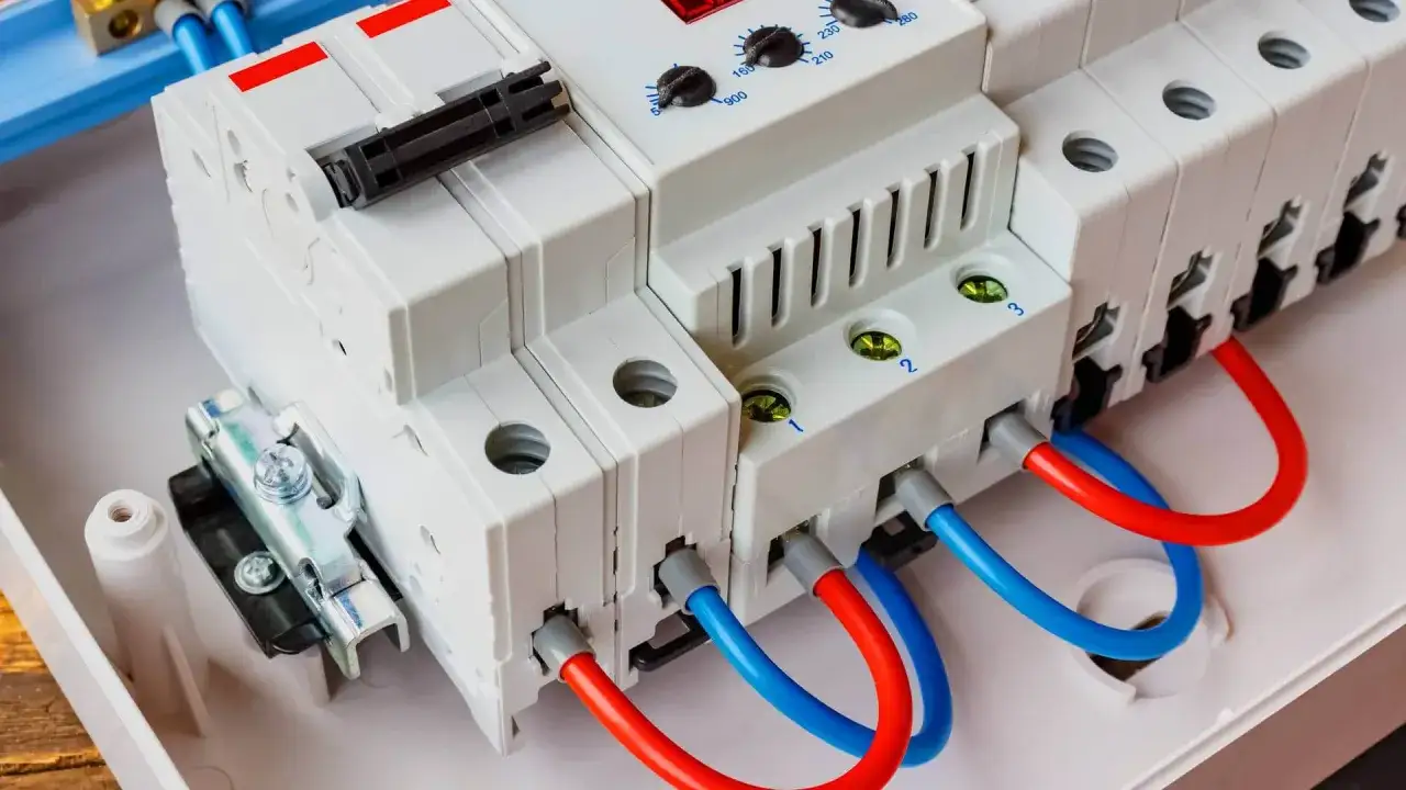 Budowa ogranicznika przepięć. Białe moduły elektryczne z czerwonymi i niebieskimi przewodami, gotowe do montażu.