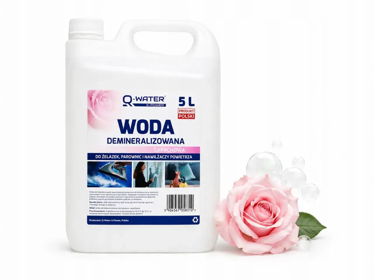 Jaka woda do parownicy? 5L wody demineralizowanej zapachowej Q-WATER, idealna do żelazek i nawilżaczy. Z różą i bańkami.