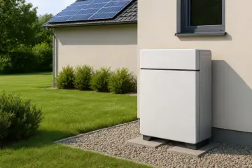 Nowoczesny magazyn energii do fotowoltaiki 10 kW stoi obok domu z panelami słonecznymi na dachu.
